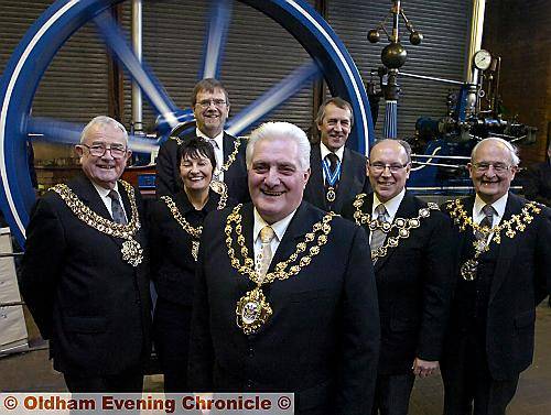 FULL steam ahead . . . Councillor Jim McArdle (front) with (from the left), Norman Critchley (Mayor of Bolton), Councillor Alison Firth (Lord Mayor of Manchester), Councillor Roger Lightup (Mayor of Salford), Christian Wewer (High Sheriff of Greater Manchester), Councillor Keith Swift (Mayor of Rochdale), and Councillor David Higgins (Mayor of Trafford.) 