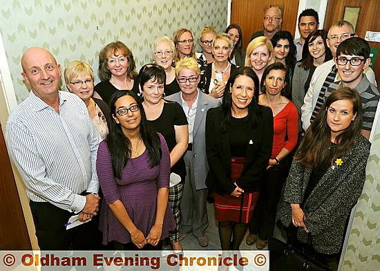 WE’RE on board: the Oldham Chronicle Dementia Friends with Debbie Abrahams, centre, and Sue Neilson, third left, back. 