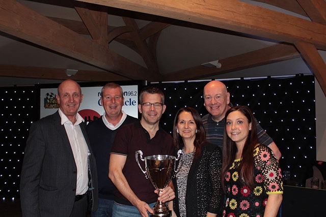 Pictured with Dave Whaley (far left) and Steve Kilroy are the Corporate quiz winners Physio Matters – from third left, Jane Tonge, Ian Townsend, Katy Parrott and Colin Green