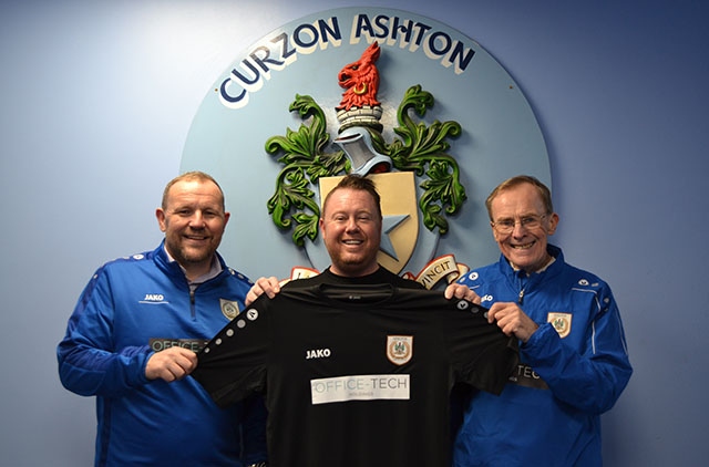 Jay Dixon (centre), from Office-Tech Holdings, marks the new sponsorship deal at Curzon Ashton