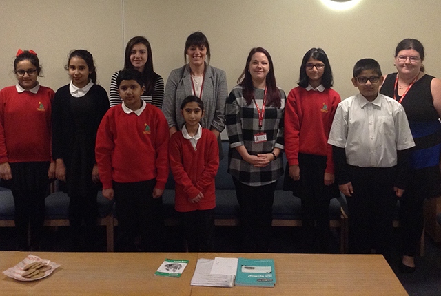 Pictured (left to right): Aysha Arooj, Malyka Alyas, Youth Mayor Amber Powell, Mrs Seabright, Mrs Griffin, Fiza Khalid, Sameer Ali and Mrs Hickling. Front two: Taha Bilal and Aizah Noor
