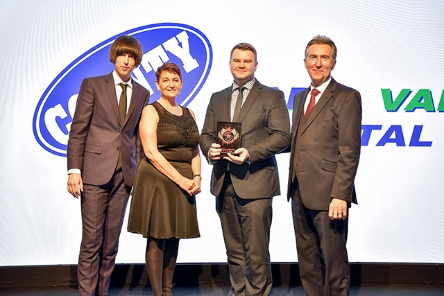 Pictured are Robert Hardman and Sara Orritt from County accepting the award from Tom Ward, presenter and comedian (far left) and Chris Milton, WhatVan event director (far right)