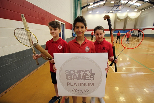 Celebrating the School Games Platinum Award are (left to right) Year 8 students Wade Chadwick, Martim Fernandes and Lewis MacNally