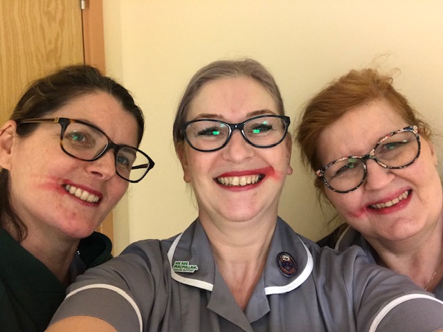 Amanda (left) with her gynacology Macmillan nurse specialist colleagues Tracey Dixon and Julie Dale - all with smeared lipstick