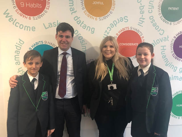Head Boy Szymon Barszcz (left) and Head Girl Katie May-Bowles (right), with Greater Manchester Mayor Andy Burnham (centre-left) and Oasis Academy Leesbrook Principal Sarah Livesey (centre-right).