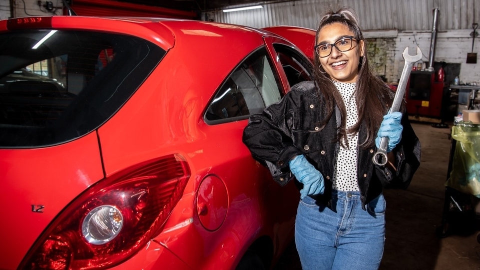 Coronation Street actor Tanisha Gorey is pictured in the garage workshop. Images courtesy of Darren Robinson