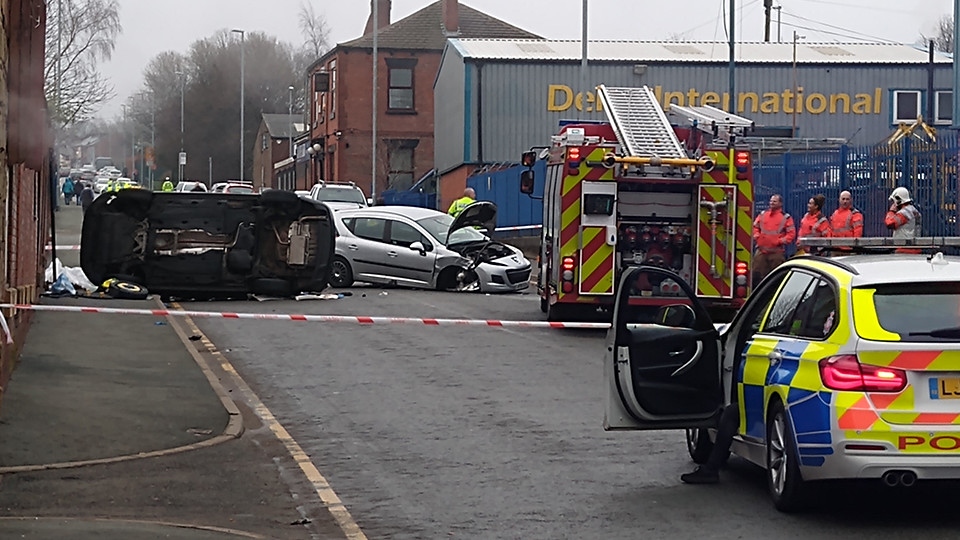 Oldham News Main News Car overturned in crash on Greenacres Road