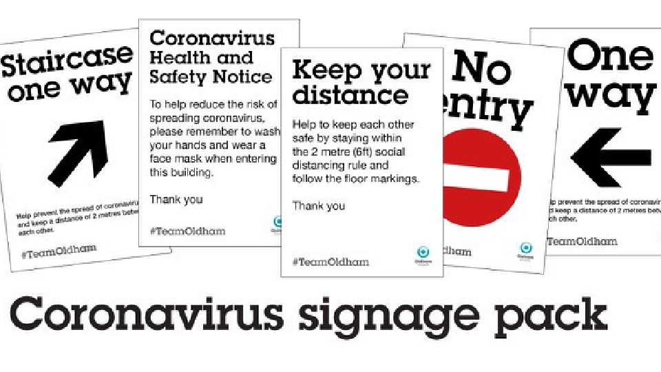A wide range of signage can be downloaded and printed for display in buildings and workplaces to help ensure social distancing and safety