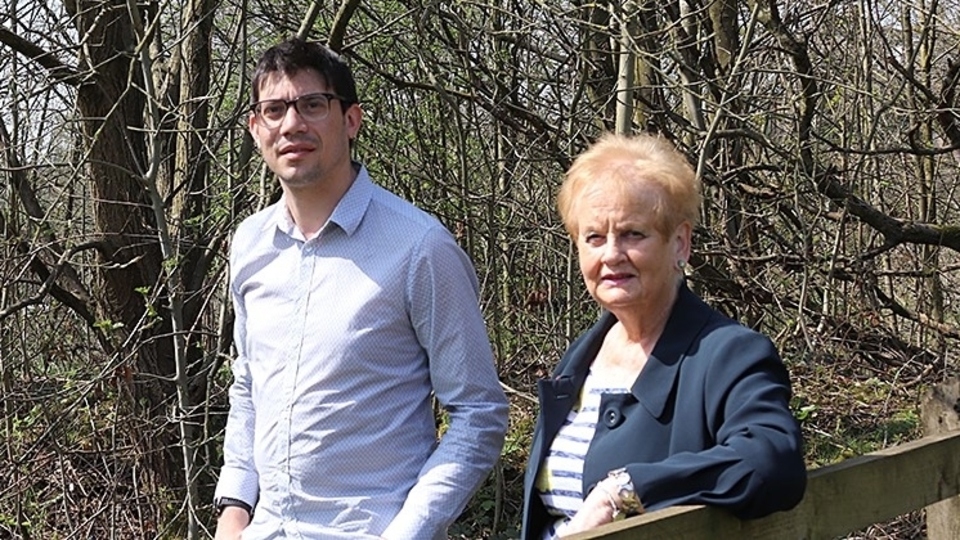 Cllr Sam Al-Hamdani and Cllr Barbara Beeley at the Thornley Brook site in Springhead, where the ancient woodland site was identified