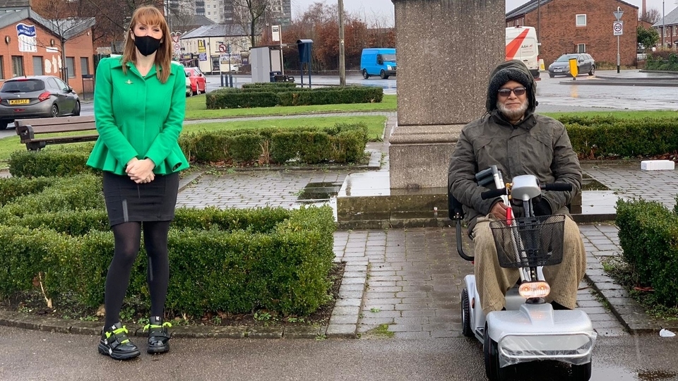 MP Angela Rayner is pictured with Mohammad Shafique with his new mobility scooter