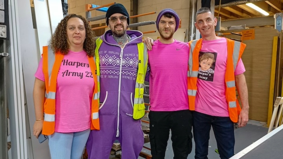 Pictured (left to right) are: Harper’s carer Samantha Pilkington, Gareth Hulme, Door Production, Robert Ridgeway, Door Production and Tony Pilkington, Samantha’s husband who brought the fundraising campaign to HPP’s notice