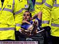 DEJECTED: Daniel Nardiello is carried from the pitch last night. 