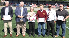 Pictured at the Vestacare Stadium are (left to right): Andy Wilde, Pete Davis (the Mayor’s consort), Councillor Elaine Garry (Mayor of Oldham), Martin Murphy, Joe Warburton and Steve McCormack