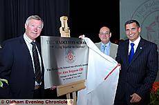 LIVING the dream . . . Sir Alex opens Radclyffe school with head teacher Hardial Hayer (right) and chairman of governors, Councillor Jim Greenwood 