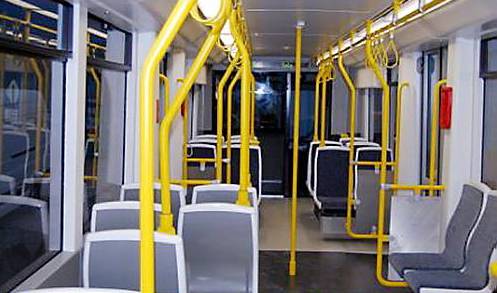 Interior of the new trams that will be running to Oldham in two years’ time. They will carry the same number of passengers but will have 30 fewer seats.