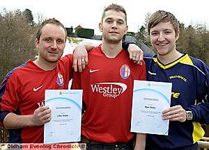 HEROES... Sam Widdall with Chris Tetlow (left) and Ryan Bailey 