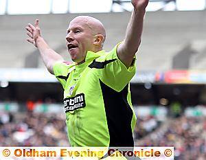 Lee Hughes Celebrates his 18th goal of the season — but the celebration was short-lived 