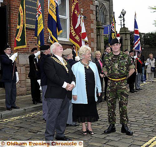 PROUD moment Mayor of Oldham Jim McArdle, consort Kay Knox with Fusilier Alex Ross at the ceremony 