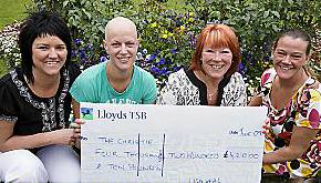 Lisa Veal and her sisters Julie Livesey (left) and Lesley Gresty (right) handed the proceeds of their charity event over to Jacky Plant from the Christies at Oldham campaign 