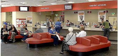 The refurbished post office has a variety of help desks and seating 