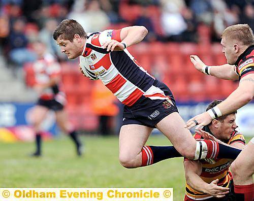 IN FULL FLIGHT . . . Ben Heaton strides through during his impressive debut showing from the bench in the 38-8 defeat away at Dewsbury last week. 