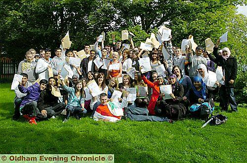 Hathershaw celebration: students at Hathershaw Technology and Sports College celebrate record GCSE results. 