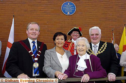 EMOTIONAL . . . Terry’s wife, Dee Hall, and sister, Kathleen Behan, with (from left) historical society chairman Mark Johnson, Chadderton town crier Reg Lord and Mayor of Oldham Jim McArdle