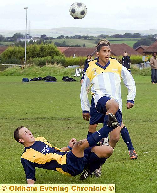 stop right there: Curtis Ingham, of Chaddy End FC under-16s, challenged as he tries to force his way into the penalty area. 