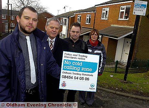 Oldham’s newest cold calling zone is launched by (from the left) Rick Hughes, from Trading Standards, Mike Fleming, Oldham Council Community Safety Service, PC Lawson Ralphs, and Lisa Quigley, First Choice Homes neighbourhood officer. 