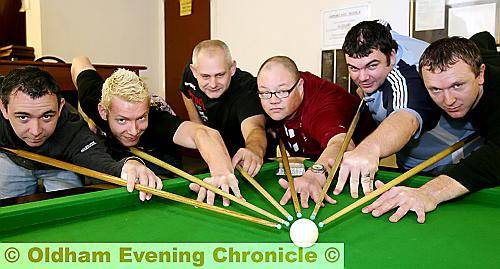 RIGHT ON CUE... Nick Broadbent (left), Danny Reece, Mick Smith. Roger Ward (captain), Martin Merrington and Mike Webb, who represented the Oldham Amateur League against their counterparts from Huddersfield at Springbank Bowling Club, Chadderton. Not pictured: Danny Gleeson and Martin Kennedy. 