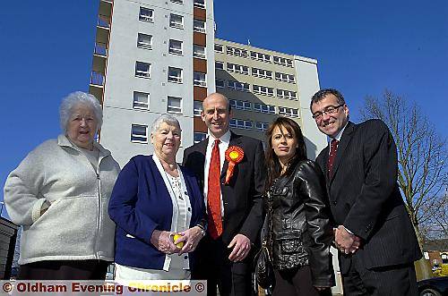 Pictured (from left) tenants Eva Lewis and Clara Allen, Housing Minister John Healey, tenant Sarah Anderson and Phil Woolas, Labour candidate for Oldham East and Saddleworth, outside Littlemoor House. 