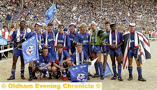 1990: Wembley heroes: back row, from the left: Roger Palmer, Mike Milligan, Denis Irwin, Nick Henry, Andy Ritchie, Gary Williams, Andy Rhodes, Frank Bunn, Earl Barrett, Rick Holden. Front: Neil Adams, Paul Warhurst, Andy Barlow.