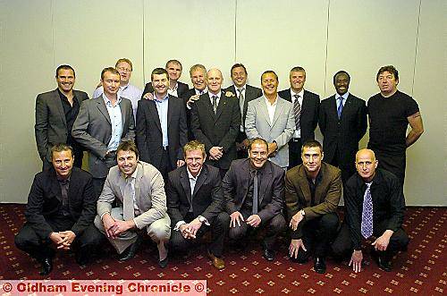 TODAY: NOW: back, from the left: Chris Blundell, Mike Milligan, Jon Hallworth, Denis Irwin, Ian Marshall, Joe Royle, Andy Ritchie, Andy Rhodes, Gary Williams, Frank Bunn, Earl Barrett and Rick Holden. Front: Neil Adams, Paul Warhurst, Andy Barlow, Norman Kelly, Chris Makin and Simon Mooney. 