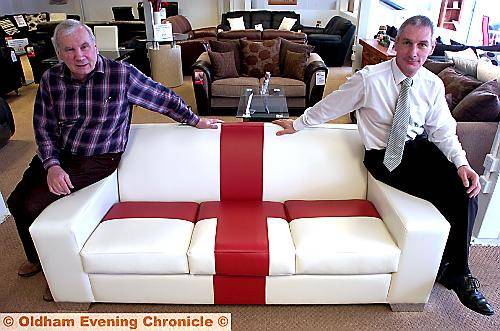 THE England flag sofa:. L-R John Attree and Vic Raedermacher. 