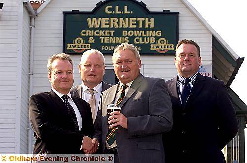 CHEERS . . . Werneth CC stalwart Howard Dronsfield celebrates his club’s sponsorship deal with J W Lees representatives, from left: Dean Redfern (sales director), John Smithers (sales manager) and Mark Simmonds (area manager).