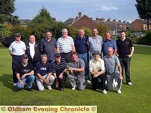 CUP KINGS . . . Nimble Nook ‘B’ celebrate their success. From left to right, back: Peter Doherty; John Apps; Graham Law; Bob Nisbet; Eddie Worthington; Steve Mellor; Rick Jones; Scott Woolley. Front: Mark Doherty; Brian Firman; Alan Comer; Barry Seville (captain); Jimmy McGrath; Frank Cassidy 