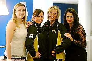 Northern Thunder’s Debbie Hallas (left, franchaise director), Suzy Chapman (assistant coach), Tracey Neville (director of netball) and Pamela Hazelton (franchaise director) at the club’s Wright Robinson College base in Gorton. 