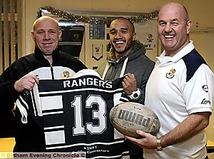 MEET the new team. . . Saddleworth Rangers chairman Terry Flanagan (right) is all smiles after unveiling Emerson Jackman (left) as the club’s new coach, with Miles Greenwood (centre) as his assistant. 