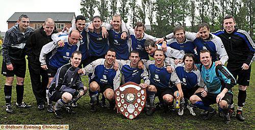 LET THE MUD TIMES ROLL . . . High Crompton players celebrate after beating Royton 4-3 after extra-time in the Oldham Sunday League Jack Abbott Premier Division Shield final. 