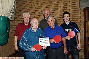 Oldham Table Tennis League representatives celebrate. Pictured are treasurer John Barley (back, left), chairman Ken Dunkerley, committee members John King and Bob Johnson (front) and secretary John Foster. 