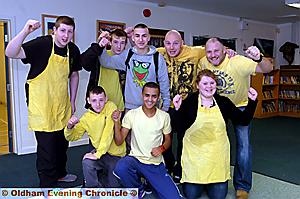 KINGSLAND School, Failsworth, supports yellow Madhlo day. Back, from left, Mark Thompson, Jake Thornley, Declan Watton, tutor Adam Wilson, assistant head teacher Matt Lofthouse and front from left, Jordan Cox, Blane Biggs and Danielle Whitehead 
