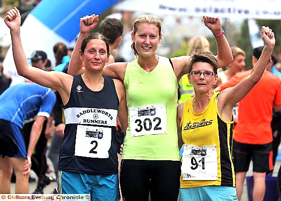 TOP three . . . the first women home were Katherine Fitzpatrick (centre), Gaynor Keane (left) and Stephanie Ilsley 
