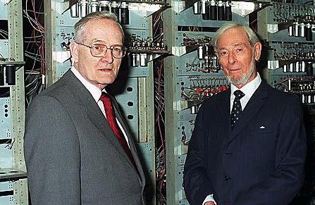 PIONEERS . . . Geoff Tootill (right) and Tom Kilburn with the first computer 
