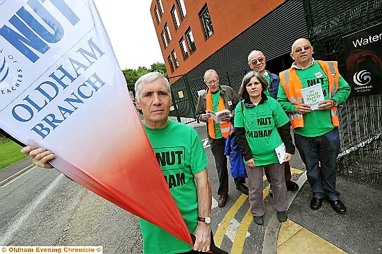 ON the picket line . . . at Waterhead Academy (from left) Nigel Yeo (joint branch secretary), Keith Hick, Mary Decelis, Steve Hall and Tony Harrison (joint branch secretary) 