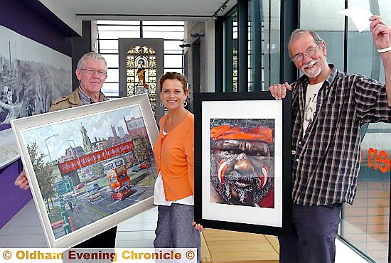 FLASHBACK to the 2011 Oldham Open exhbition and artist Cliff Murphy, left, presenting a painting of Mumps to Gallery Oldham’s Joy Thorpe, while Gordon Clegg receives the People’s Prize for his work 
