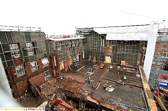 STRIPPED out: from above and looking towards Union Street, the amount of work already done is clear. On the right, much of the building’s wall facing Clegg Street has been removed to allow for the glass extension. 