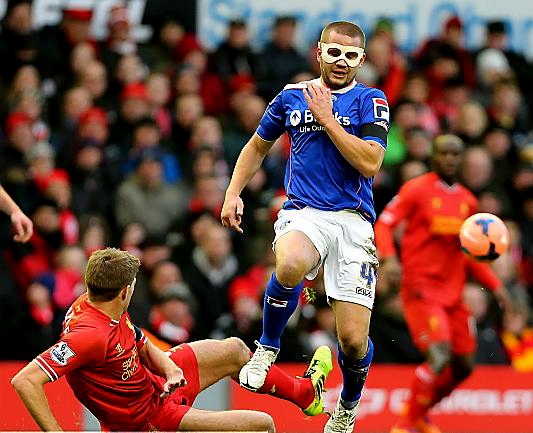 MASKED AVENGER: James Wesolowski wore a face mask in the FA Cup tie at Liverpool after breaking his cheekbone.  