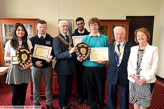 AWARD-WINNERS . . . (from the left) Mariam Inayat (Oldham Student of the Year, 16-plus), Thomas Sheehy (runner-up, 16-plus), Mayor of Oldham Councillor John Hudson, Marouf Ahmed (runner-up, Year 7-11), T-Jay Turner (Student of the Year, Year 7-11), Derek Berryman (Rotary Club of Oldham president) and Mayoress Kathleen Hudson Award honour for students