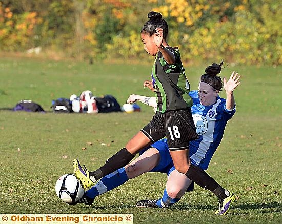 GOING FOR IT: Uppermill’s Rebecca Fox makes a tackle against Chorlts.