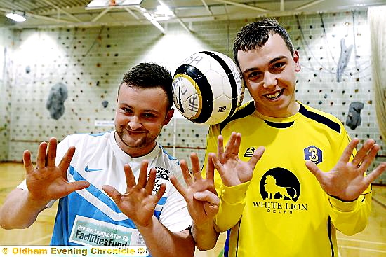 COUNT THE FINGERS . . . Heyside’s Mark Hopwood (left) and Danny Heywood from 3D Dynamos have both scored in 12 consecutive games. And yes, another player decided to get in on the act... 